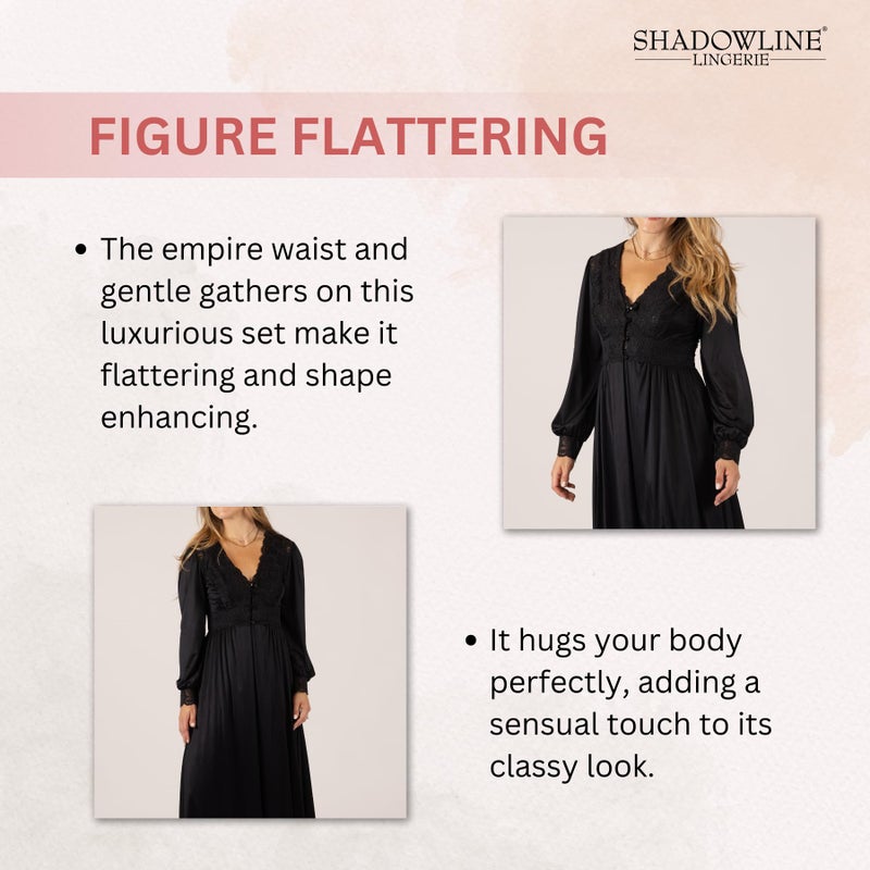 Shadowline Womenâ€™s Blackâ€¯Long Lace Bodice Button Down Robeâ€¯ |â€¯ (Medium), 54â€ Length Robe |â€¯ Elegant Sleepwear Crafted from Lightly-Shimmering Satintrique Nylon and Soft Stretch lace. - Image 4
